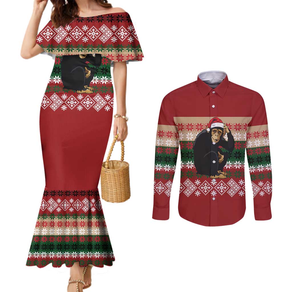 Chimpanzee Christmas Couples Matching Mermaid Dress and Long Sleeve Button Shirt Chimpanzee Wearing Santa Hat - Red Green Snowflake - Wonder Print Shop