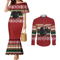 Chimpanzee Christmas Couples Matching Mermaid Dress and Long Sleeve Button Shirt Chimpanzee Wearing Santa Hat - Red Green Snowflake - Wonder Print Shop