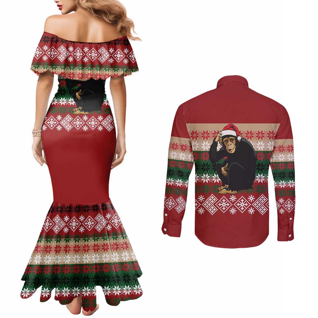 Chimpanzee Christmas Couples Matching Mermaid Dress and Long Sleeve Button Shirt Chimpanzee Wearing Santa Hat - Red Green Snowflake - Wonder Print Shop