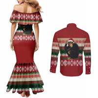 Chimpanzee Christmas Couples Matching Mermaid Dress and Long Sleeve Button Shirt Chimpanzee Wearing Santa Hat - Red Green Snowflake - Wonder Print Shop