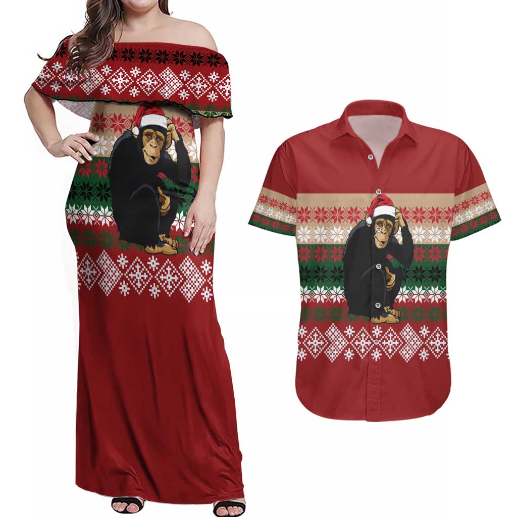 Chimpanzee Christmas Couples Matching Off Shoulder Maxi Dress and Hawaiian Shirt Chimpanzee Wearing Santa Hat - Red Green Snowflake - Wonder Print Shop