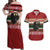 Chimpanzee Christmas Couples Matching Off Shoulder Maxi Dress and Hawaiian Shirt Chimpanzee Wearing Santa Hat - Red Green Snowflake - Wonder Print Shop