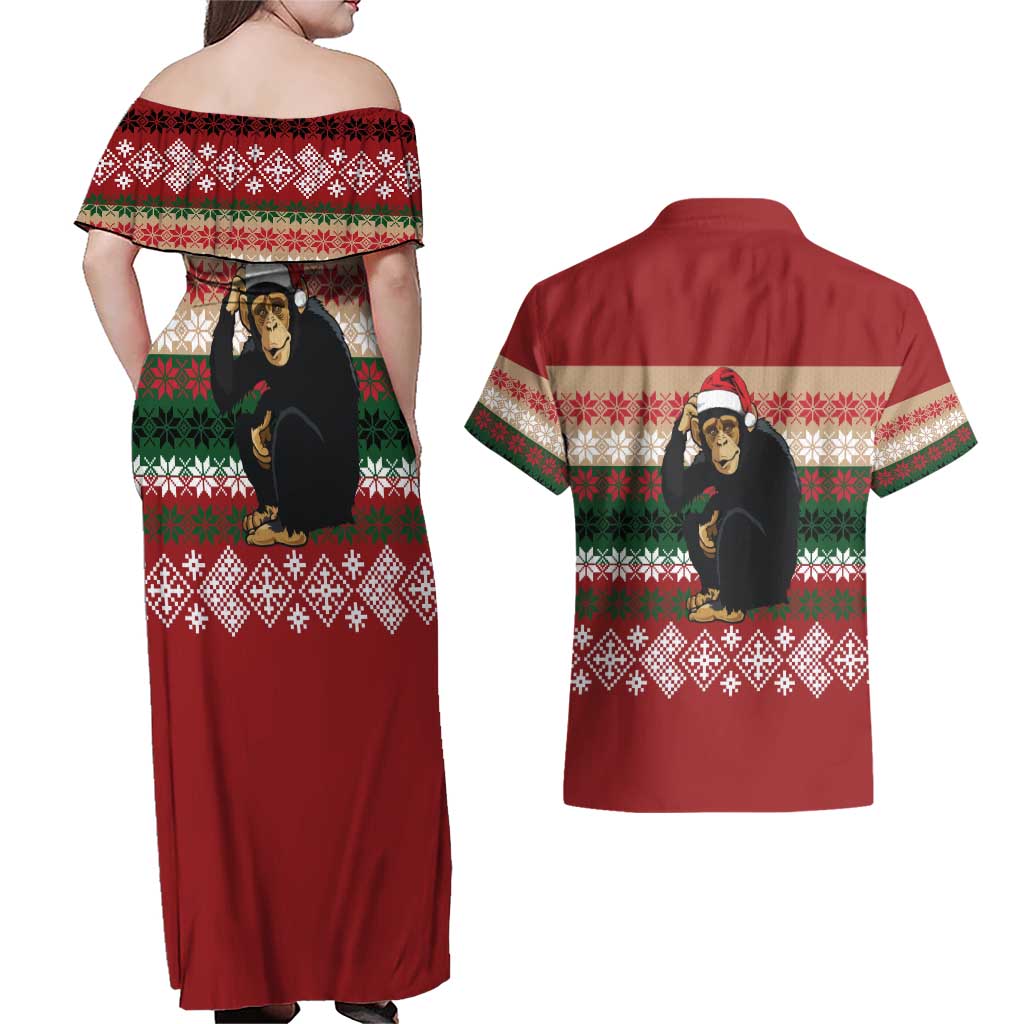 Chimpanzee Christmas Couples Matching Off Shoulder Maxi Dress and Hawaiian Shirt Chimpanzee Wearing Santa Hat - Red Green Snowflake - Wonder Print Shop