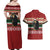 Chimpanzee Christmas Couples Matching Off Shoulder Maxi Dress and Hawaiian Shirt Chimpanzee Wearing Santa Hat - Red Green Snowflake - Wonder Print Shop