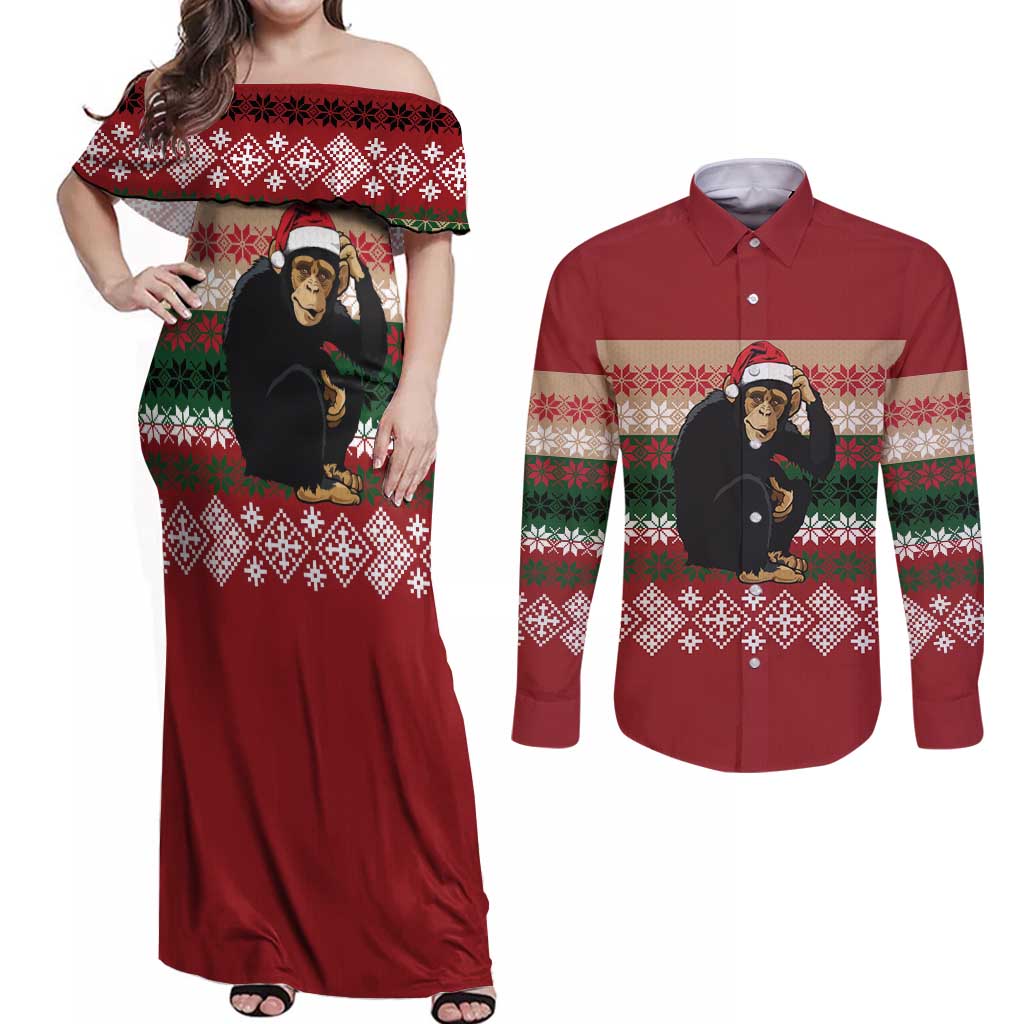 Chimpanzee Christmas Couples Matching Off Shoulder Maxi Dress and Long Sleeve Button Shirt Chimpanzee Wearing Santa Hat - Red Green Snowflake - Wonder Print Shop