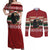 Chimpanzee Christmas Couples Matching Off Shoulder Maxi Dress and Long Sleeve Button Shirt Chimpanzee Wearing Santa Hat - Red Green Snowflake - Wonder Print Shop