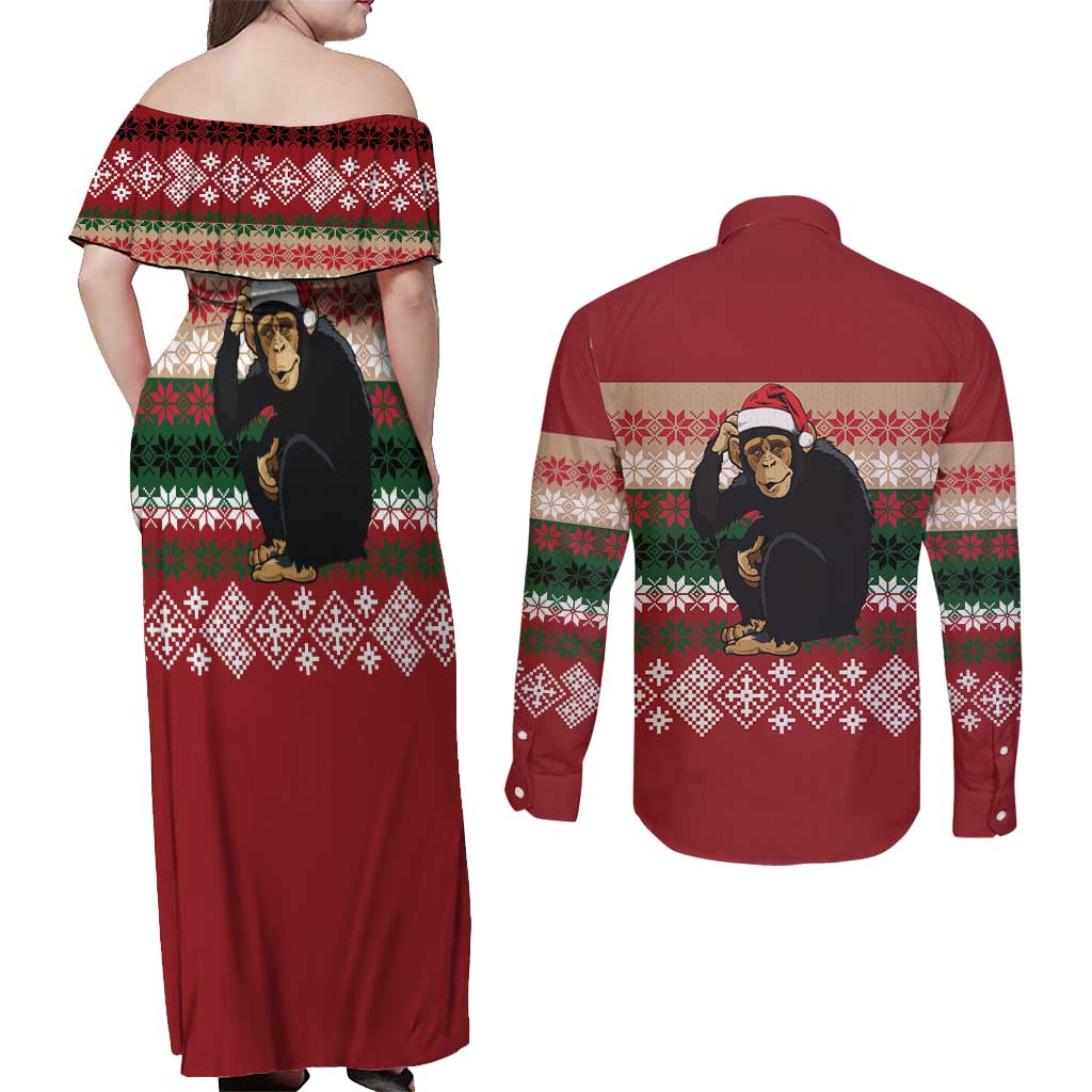 Chimpanzee Christmas Couples Matching Off Shoulder Maxi Dress and Long Sleeve Button Shirt Chimpanzee Wearing Santa Hat - Red Green Snowflake - Wonder Print Shop