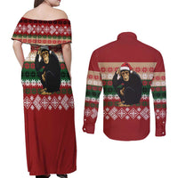 Chimpanzee Christmas Couples Matching Off Shoulder Maxi Dress and Long Sleeve Button Shirt Chimpanzee Wearing Santa Hat - Red Green Snowflake - Wonder Print Shop
