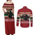 Chimpanzee Christmas Couples Matching Off Shoulder Maxi Dress and Long Sleeve Button Shirt Chimpanzee Wearing Santa Hat - Red Green Snowflake - Wonder Print Shop