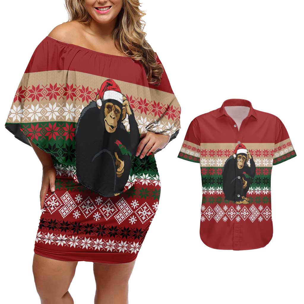 Chimpanzee Christmas Couples Matching Off Shoulder Short Dress and Hawaiian Shirt Chimpanzee Wearing Santa Hat - Red Green Snowflake - Wonder Print Shop