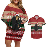 Chimpanzee Christmas Couples Matching Off Shoulder Short Dress and Hawaiian Shirt Chimpanzee Wearing Santa Hat - Red Green Snowflake - Wonder Print Shop