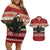 Chimpanzee Christmas Couples Matching Off Shoulder Short Dress and Hawaiian Shirt Chimpanzee Wearing Santa Hat - Red Green Snowflake - Wonder Print Shop
