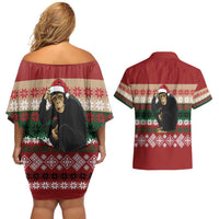 Chimpanzee Christmas Couples Matching Off Shoulder Short Dress and Hawaiian Shirt Chimpanzee Wearing Santa Hat - Red Green Snowflake - Wonder Print Shop