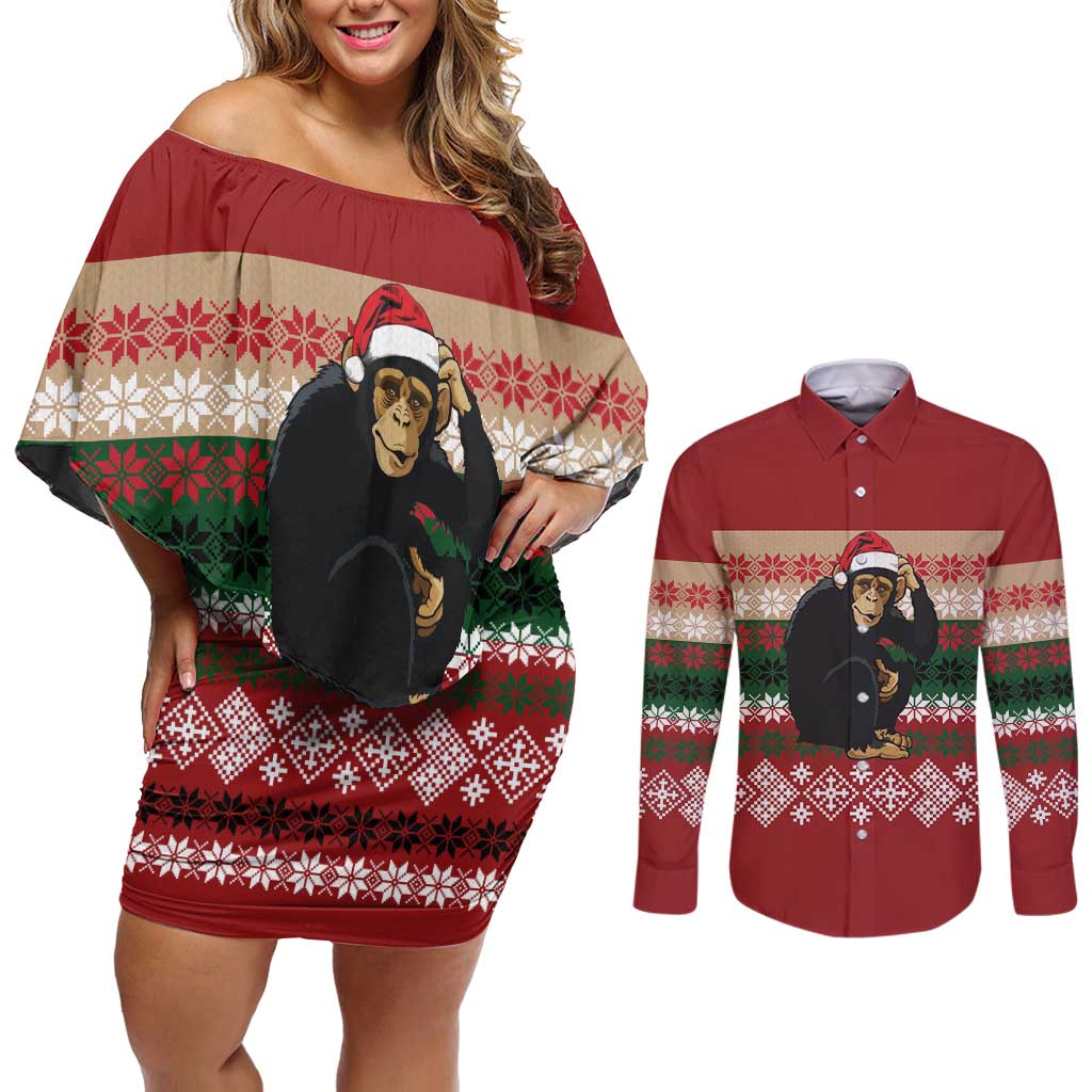 Chimpanzee Christmas Couples Matching Off Shoulder Short Dress and Long Sleeve Button Shirt Chimpanzee Wearing Santa Hat - Red Green Snowflake - Wonder Print Shop