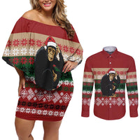 Chimpanzee Christmas Couples Matching Off Shoulder Short Dress and Long Sleeve Button Shirt Chimpanzee Wearing Santa Hat - Red Green Snowflake - Wonder Print Shop