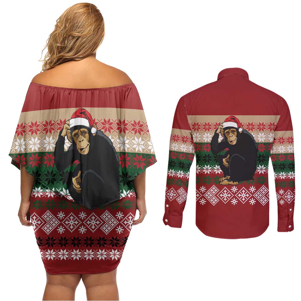 Chimpanzee Christmas Couples Matching Off Shoulder Short Dress and Long Sleeve Button Shirt Chimpanzee Wearing Santa Hat - Red Green Snowflake - Wonder Print Shop