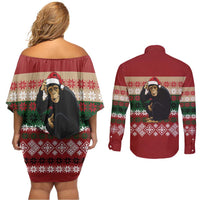 Chimpanzee Christmas Couples Matching Off Shoulder Short Dress and Long Sleeve Button Shirt Chimpanzee Wearing Santa Hat - Red Green Snowflake - Wonder Print Shop