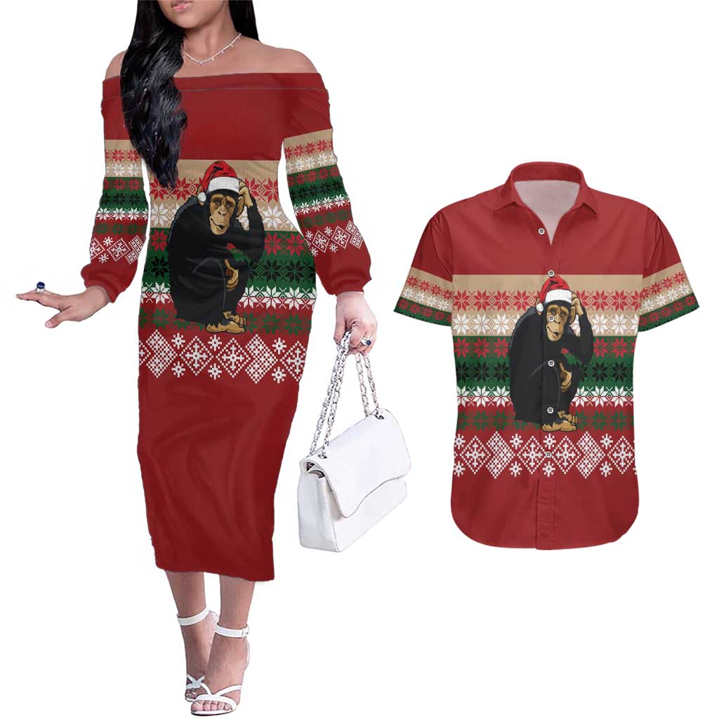 Chimpanzee Christmas Couples Matching Off The Shoulder Long Sleeve Dress and Hawaiian Shirt Chimpanzee Wearing Santa Hat - Red Green Snowflake - Wonder Print Shop