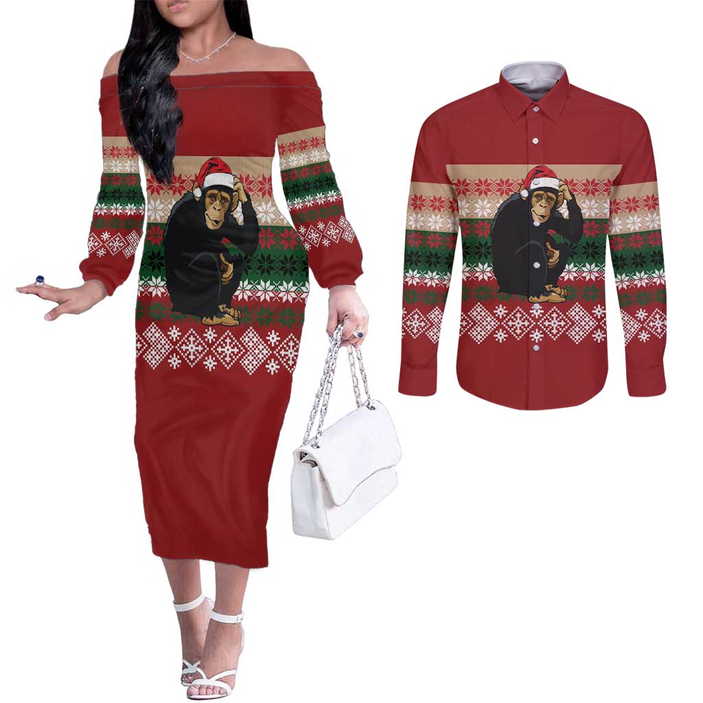 Chimpanzee Christmas Couples Matching Off The Shoulder Long Sleeve Dress and Long Sleeve Button Shirt Chimpanzee Wearing Santa Hat - Red Green Snowflake - Wonder Print Shop