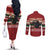 Chimpanzee Christmas Couples Matching Off The Shoulder Long Sleeve Dress and Long Sleeve Button Shirt Chimpanzee Wearing Santa Hat - Red Green Snowflake - Wonder Print Shop