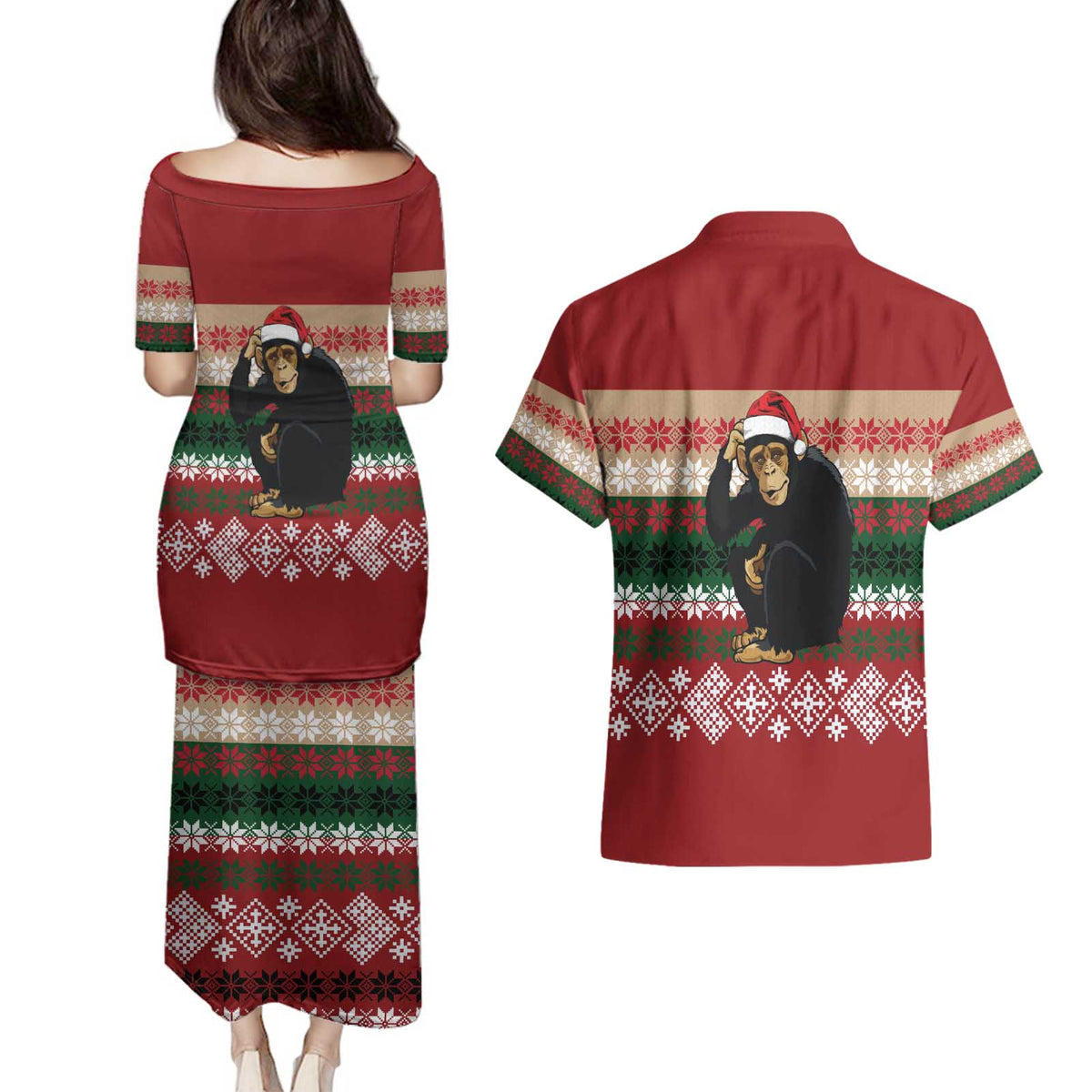 Chimpanzee Christmas Couples Matching Puletasi and Hawaiian Shirt Chimpanzee Wearing Santa Hat - Red Green Snowflake - Wonder Print Shop