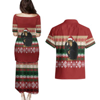 Chimpanzee Christmas Couples Matching Puletasi and Hawaiian Shirt Chimpanzee Wearing Santa Hat - Red Green Snowflake - Wonder Print Shop