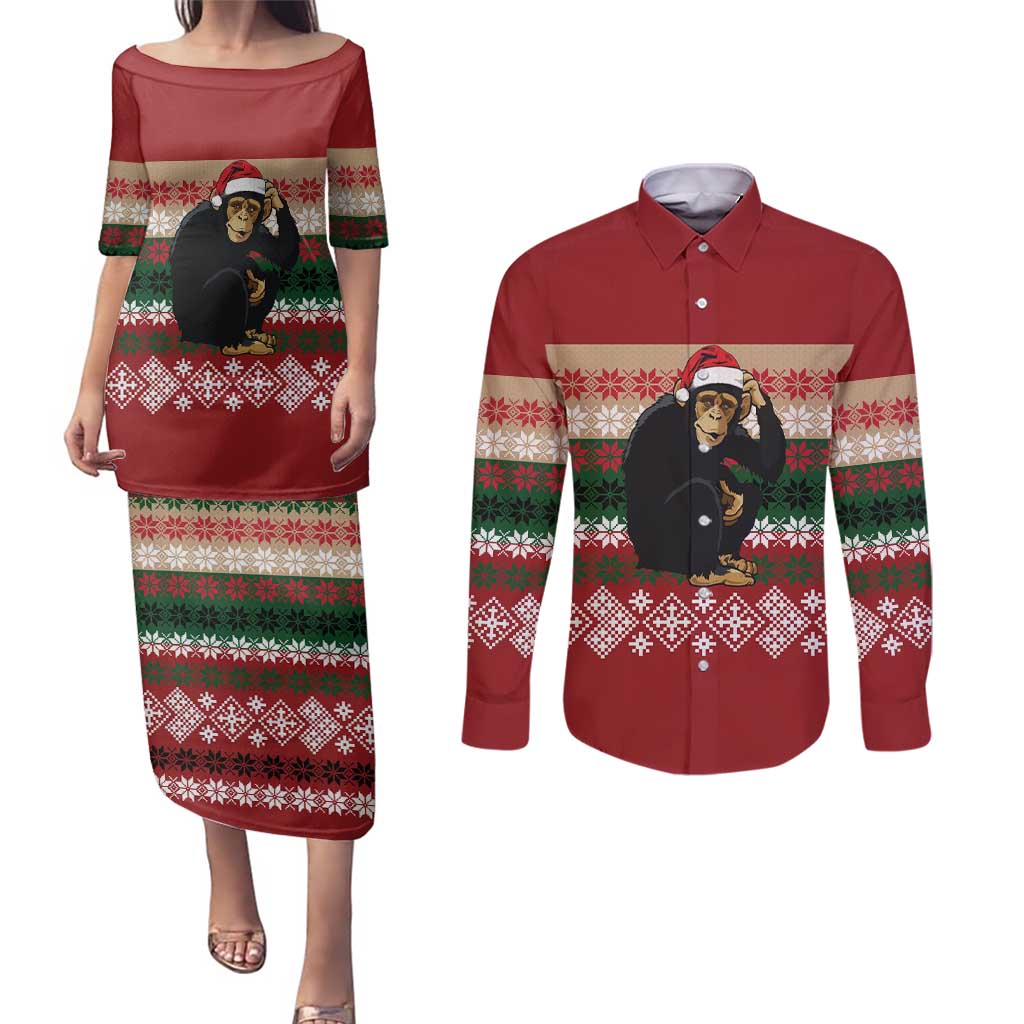 Chimpanzee Christmas Couples Matching Puletasi and Long Sleeve Button Shirt Chimpanzee Wearing Santa Hat - Red Green Snowflake - Wonder Print Shop