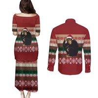 Chimpanzee Christmas Couples Matching Puletasi and Long Sleeve Button Shirt Chimpanzee Wearing Santa Hat - Red Green Snowflake - Wonder Print Shop