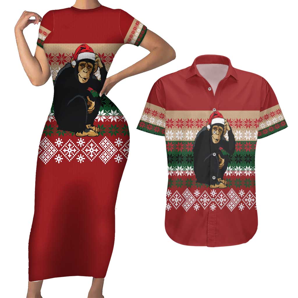 Chimpanzee Christmas Couples Matching Short Sleeve Bodycon Dress and Hawaiian Shirt Chimpanzee Wearing Santa Hat - Red Green Snowflake - Wonder Print Shop