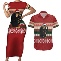 Chimpanzee Christmas Couples Matching Short Sleeve Bodycon Dress and Hawaiian Shirt Chimpanzee Wearing Santa Hat - Red Green Snowflake - Wonder Print Shop