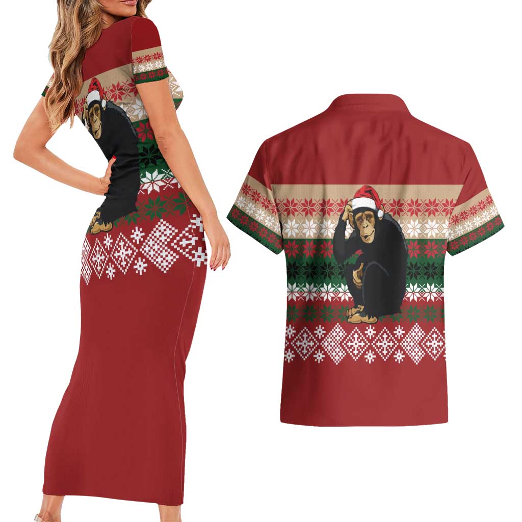 Chimpanzee Christmas Couples Matching Short Sleeve Bodycon Dress and Hawaiian Shirt Chimpanzee Wearing Santa Hat - Red Green Snowflake - Wonder Print Shop
