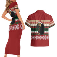 Chimpanzee Christmas Couples Matching Short Sleeve Bodycon Dress and Hawaiian Shirt Chimpanzee Wearing Santa Hat - Red Green Snowflake - Wonder Print Shop
