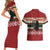 Chimpanzee Christmas Couples Matching Short Sleeve Bodycon Dress and Hawaiian Shirt Chimpanzee Wearing Santa Hat - Red Green Snowflake - Wonder Print Shop