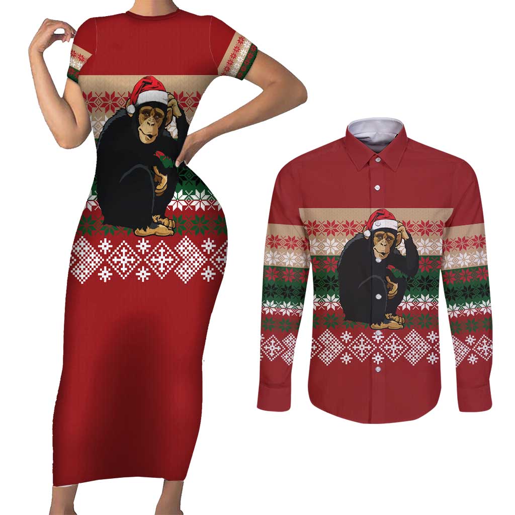 Chimpanzee Christmas Couples Matching Short Sleeve Bodycon Dress and Long Sleeve Button Shirt Chimpanzee Wearing Santa Hat - Red Green Snowflake - Wonder Print Shop