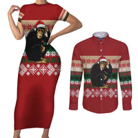 Chimpanzee Christmas Couples Matching Short Sleeve Bodycon Dress and Long Sleeve Button Shirt Chimpanzee Wearing Santa Hat - Red Green Snowflake - Wonder Print Shop