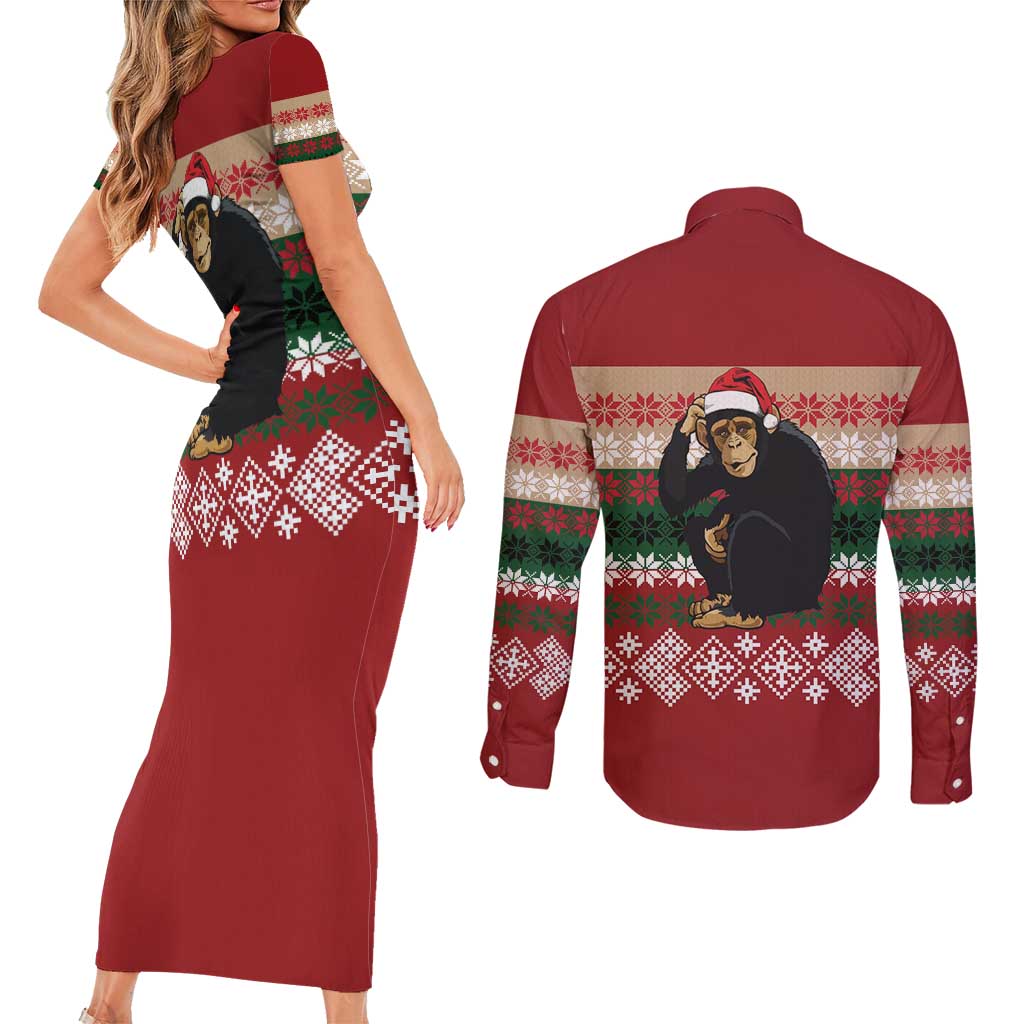 Chimpanzee Christmas Couples Matching Short Sleeve Bodycon Dress and Long Sleeve Button Shirt Chimpanzee Wearing Santa Hat - Red Green Snowflake - Wonder Print Shop