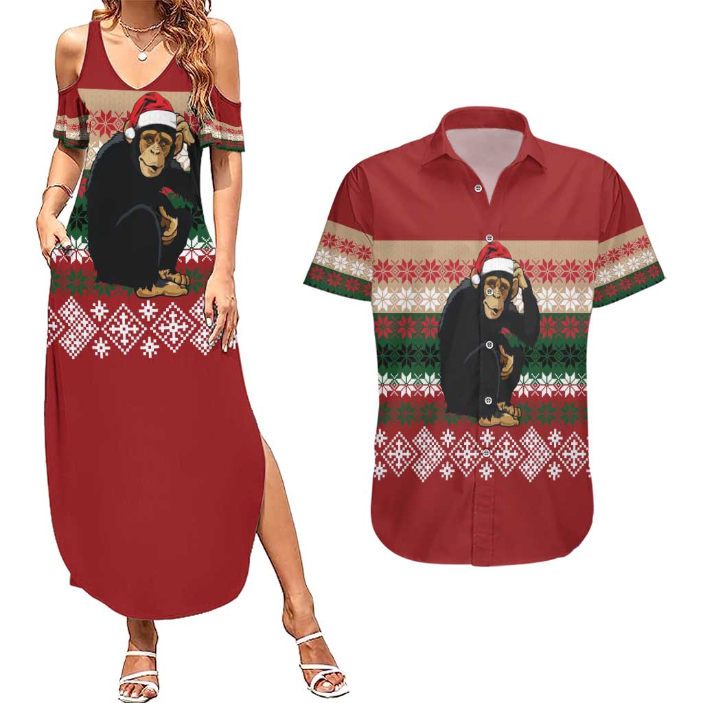 Chimpanzee Christmas Couples Matching Summer Maxi Dress and Hawaiian Shirt Chimpanzee Wearing Santa Hat - Red Green Snowflake - Wonder Print Shop