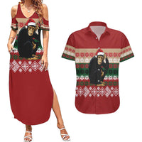 Chimpanzee Christmas Couples Matching Summer Maxi Dress and Hawaiian Shirt Chimpanzee Wearing Santa Hat - Red Green Snowflake - Wonder Print Shop