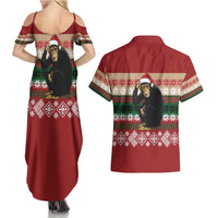 Chimpanzee Christmas Couples Matching Summer Maxi Dress and Hawaiian Shirt Chimpanzee Wearing Santa Hat - Red Green Snowflake - Wonder Print Shop