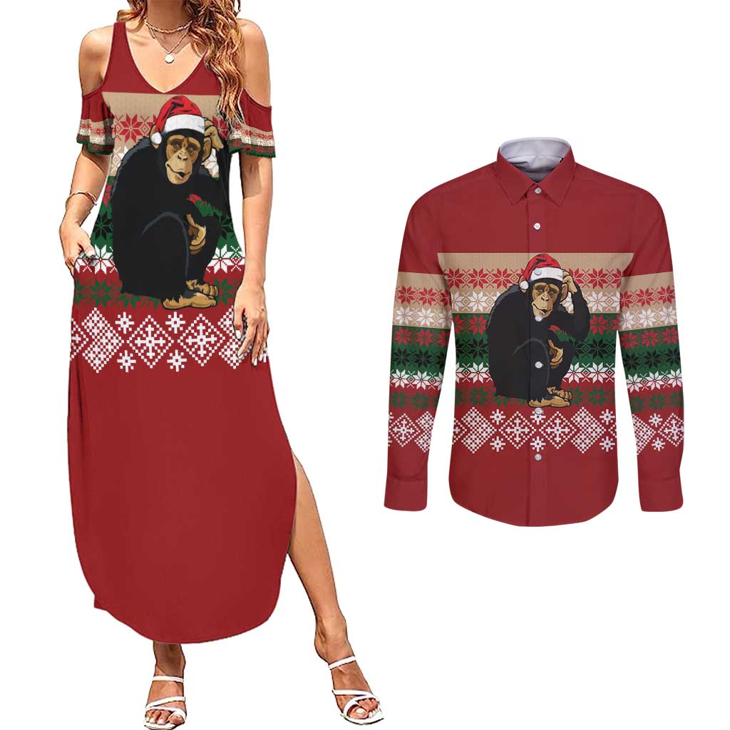 Chimpanzee Christmas Couples Matching Summer Maxi Dress and Long Sleeve Button Shirt Chimpanzee Wearing Santa Hat - Red Green Snowflake - Wonder Print Shop