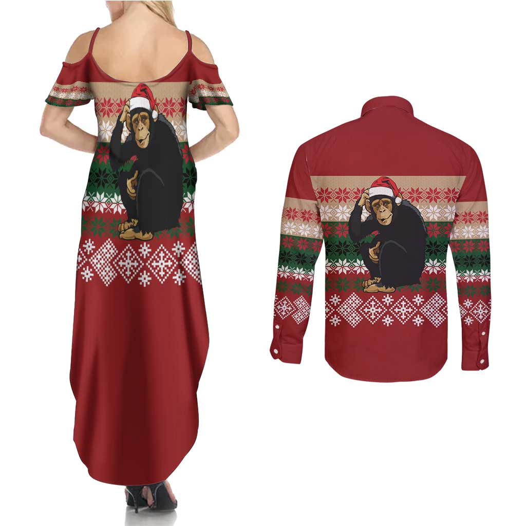 Chimpanzee Christmas Couples Matching Summer Maxi Dress and Long Sleeve Button Shirt Chimpanzee Wearing Santa Hat - Red Green Snowflake - Wonder Print Shop