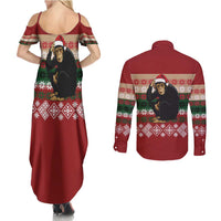 Chimpanzee Christmas Couples Matching Summer Maxi Dress and Long Sleeve Button Shirt Chimpanzee Wearing Santa Hat - Red Green Snowflake - Wonder Print Shop