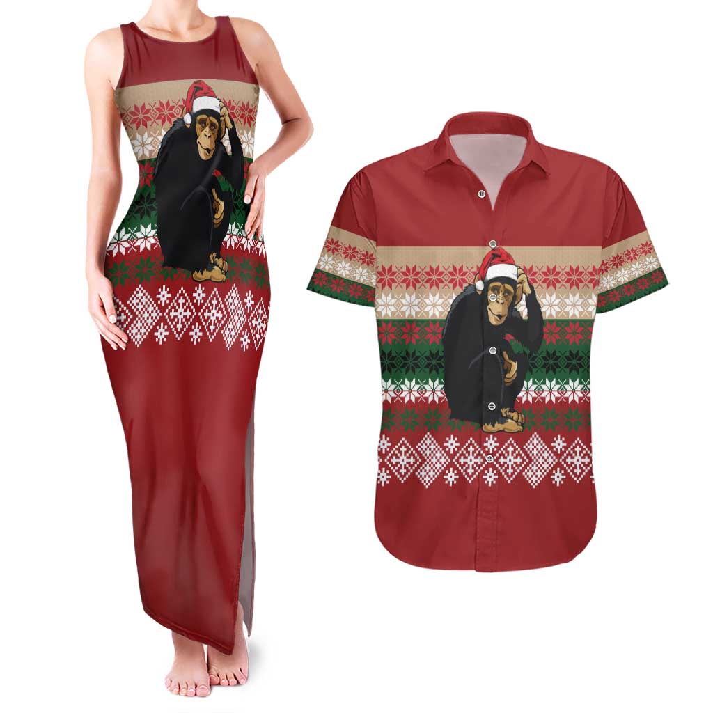 Chimpanzee Christmas Couples Matching Tank Maxi Dress and Hawaiian Shirt Chimpanzee Wearing Santa Hat - Red Green Snowflake - Wonder Print Shop