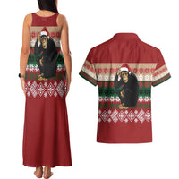 Chimpanzee Christmas Couples Matching Tank Maxi Dress and Hawaiian Shirt Chimpanzee Wearing Santa Hat - Red Green Snowflake - Wonder Print Shop