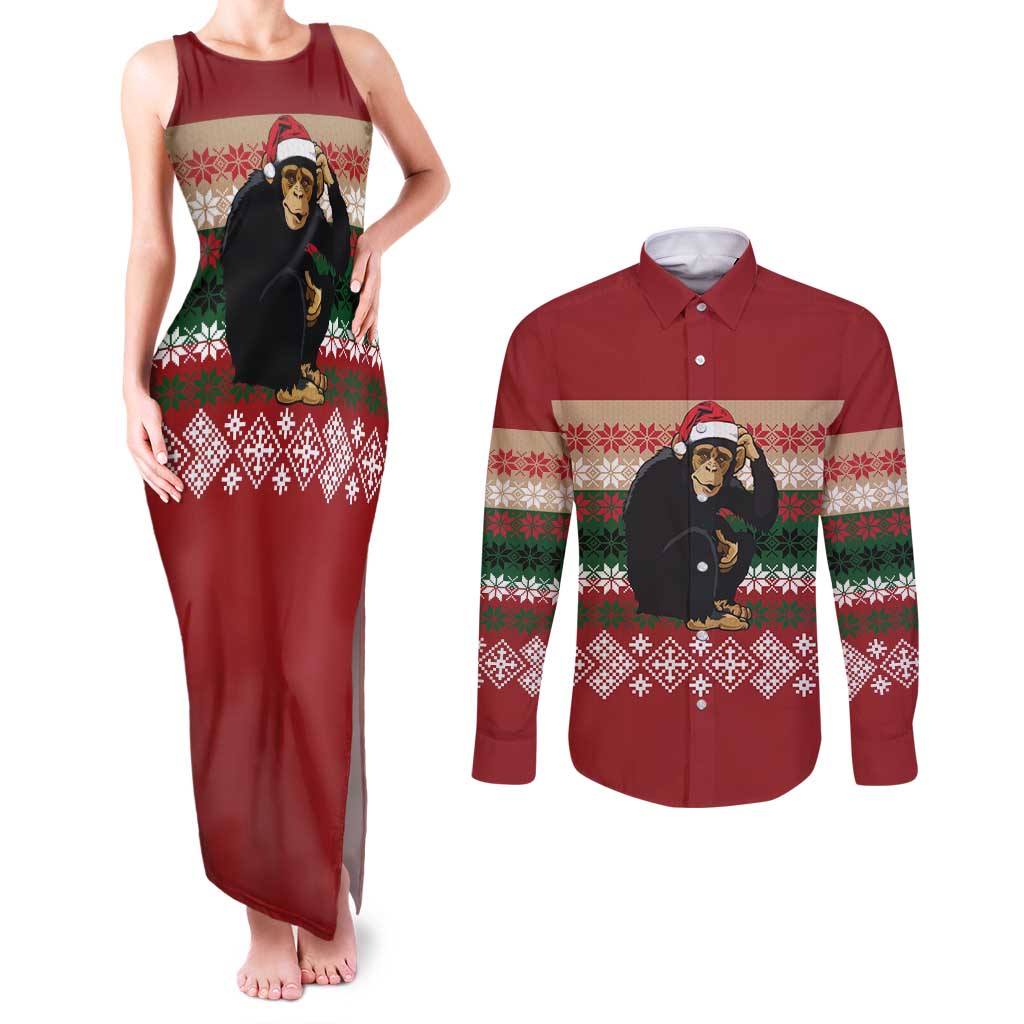 Chimpanzee Christmas Couples Matching Tank Maxi Dress and Long Sleeve Button Shirt Chimpanzee Wearing Santa Hat - Red Green Snowflake - Wonder Print Shop