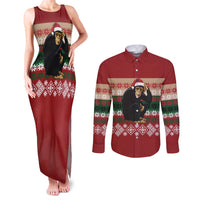 Chimpanzee Christmas Couples Matching Tank Maxi Dress and Long Sleeve Button Shirt Chimpanzee Wearing Santa Hat - Red Green Snowflake - Wonder Print Shop