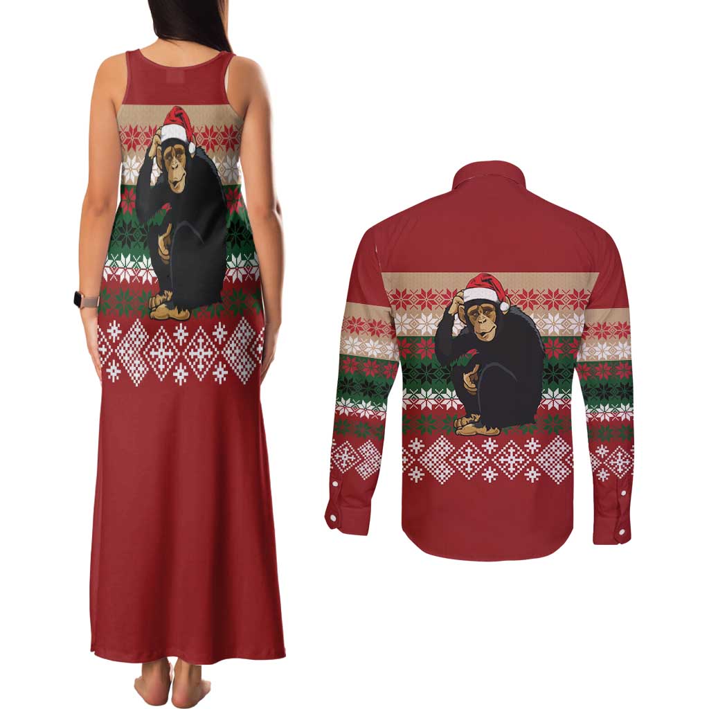 Chimpanzee Christmas Couples Matching Tank Maxi Dress and Long Sleeve Button Shirt Chimpanzee Wearing Santa Hat - Red Green Snowflake - Wonder Print Shop