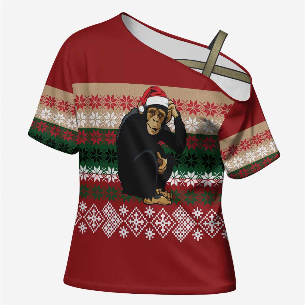 Chimpanzee Christmas Cross Shoulder Shirt Chimpanzee Wearing Santa Hat - Red Green Snowflake - Wonder Print Shop
