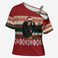 Chimpanzee Christmas Cross Shoulder Shirt Chimpanzee Wearing Santa Hat - Red Green Snowflake - Wonder Print Shop