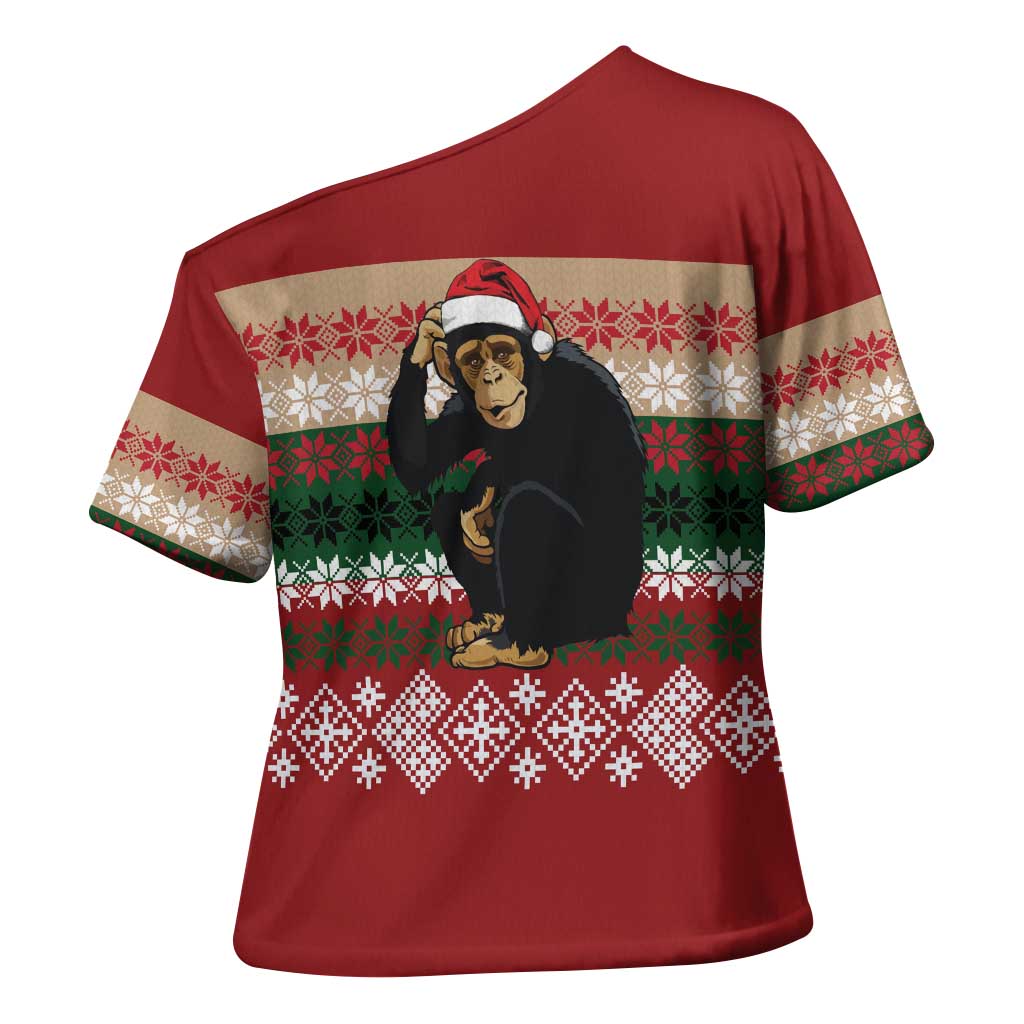 Chimpanzee Christmas Cross Shoulder Shirt Chimpanzee Wearing Santa Hat - Red Green Snowflake - Wonder Print Shop